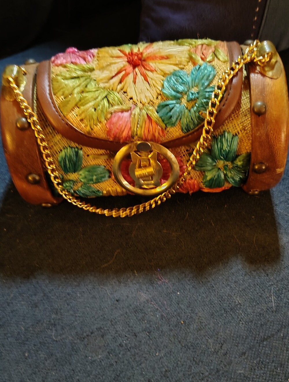 Vintage 1960s Cabana Floral Woven Raffia Straw Barrel Bag - Wooden Ends & Trim
